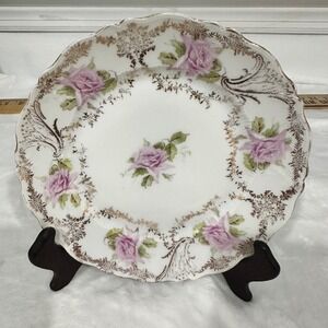 Antique C.T. Germany Porcelain Plate Pink Roses Gold Filigree Scalloped 7.25 in